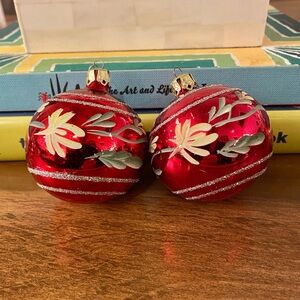 2 VTG Mercury Red Glass Hand painted Yellow Flowers Glitter Christmas Ornaments